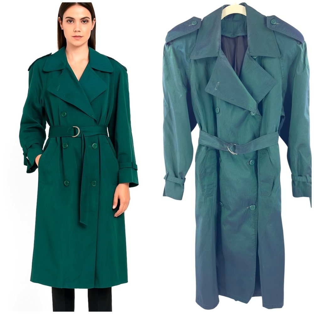 Vintage Trench Coat Womens 8 Green Blue Duochrome Belted Long Jacket Preppy